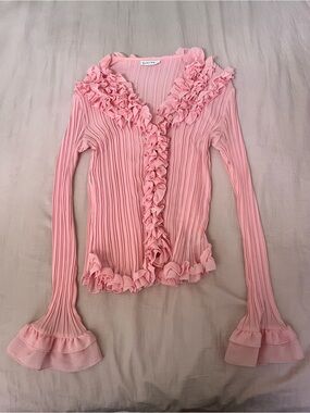 Kaelyn Max Pink Fairy Beaded Ruffle-Trim Pleated Long Sleeve Top